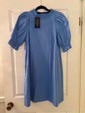 Sara Campbell Light Blue Smocked Neck Puff Sleeve Dress